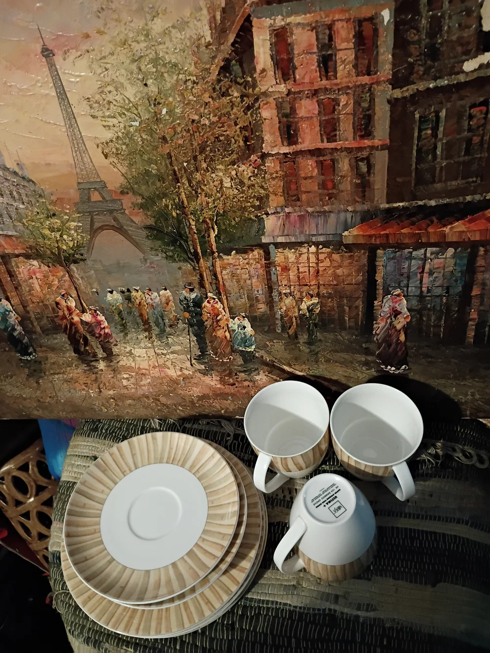 -Bamboo Grove Neutral Tan Striped Tea Cups and Saucer Sets 9 items.